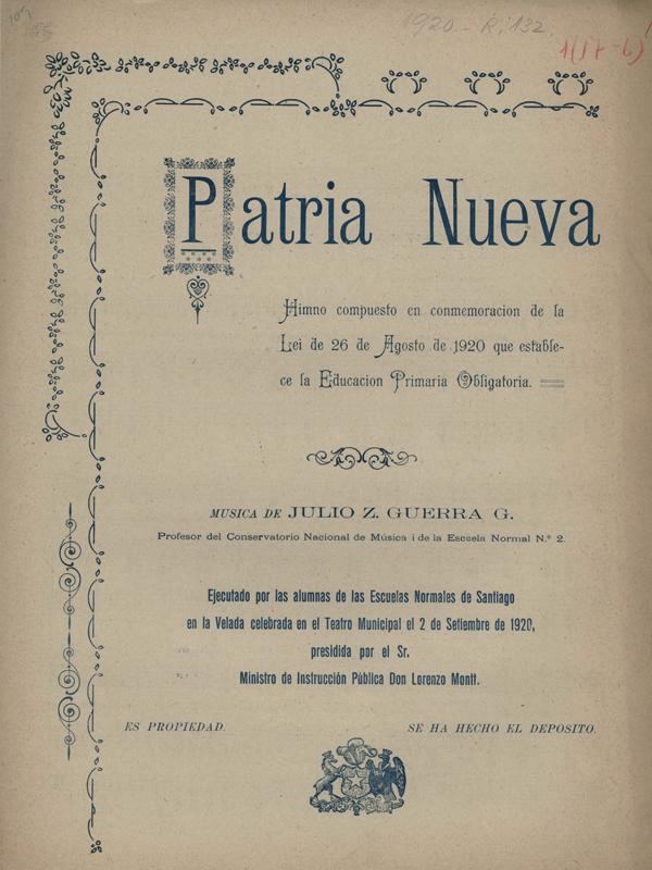 Portada de la partitura Patria Nueva. Música de Julio Guerra García