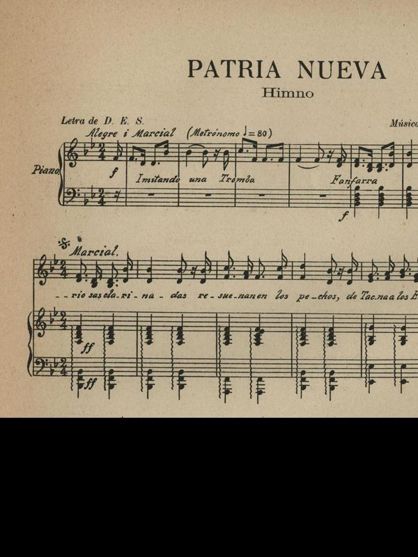 Partitura del Himno Patria Nueva. Música de Julio Guerra García (detalle)