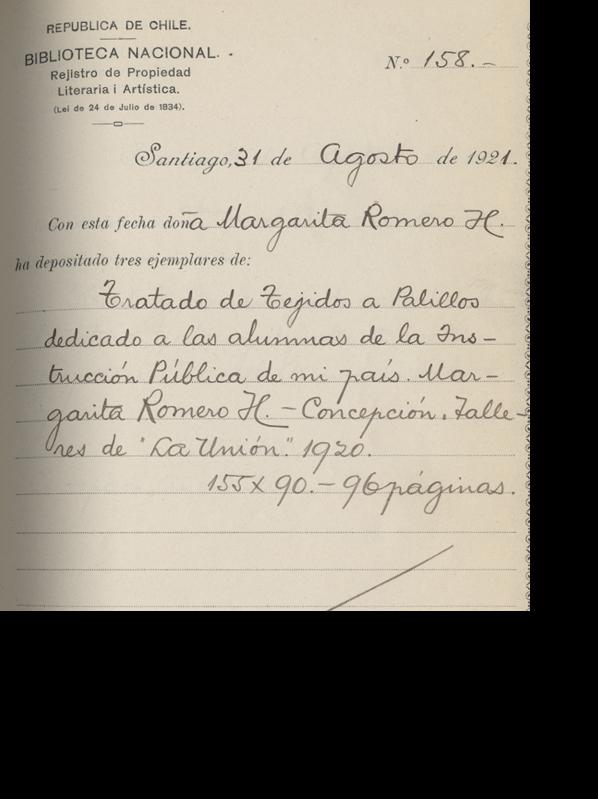 Registro del libro &amp;quot;Tratado de Tejidos a Palillos&amp;quot; de Margarita Romero